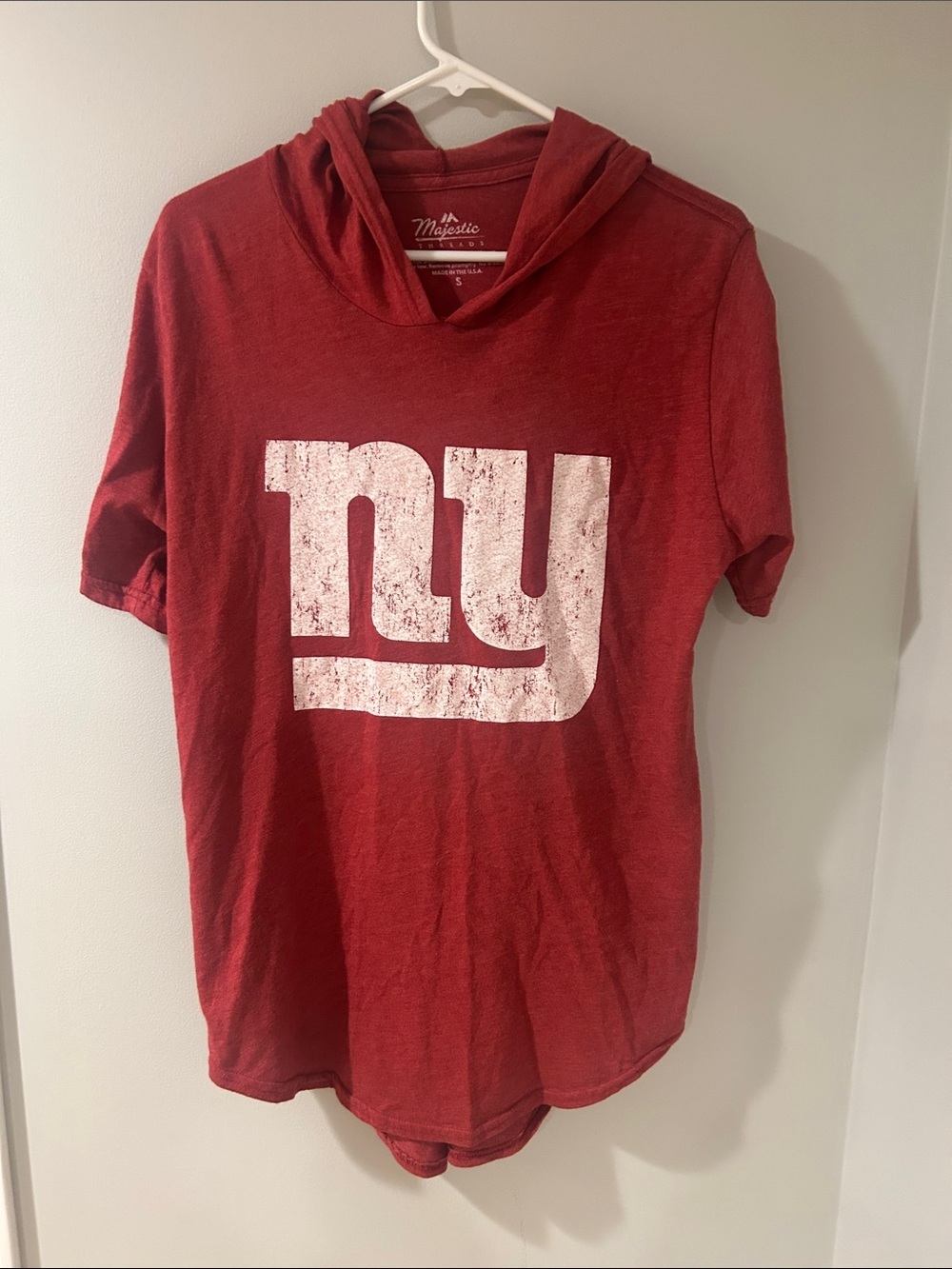 Majestic Red Hooded Short Sleeve Tee with Distressed White Number 26